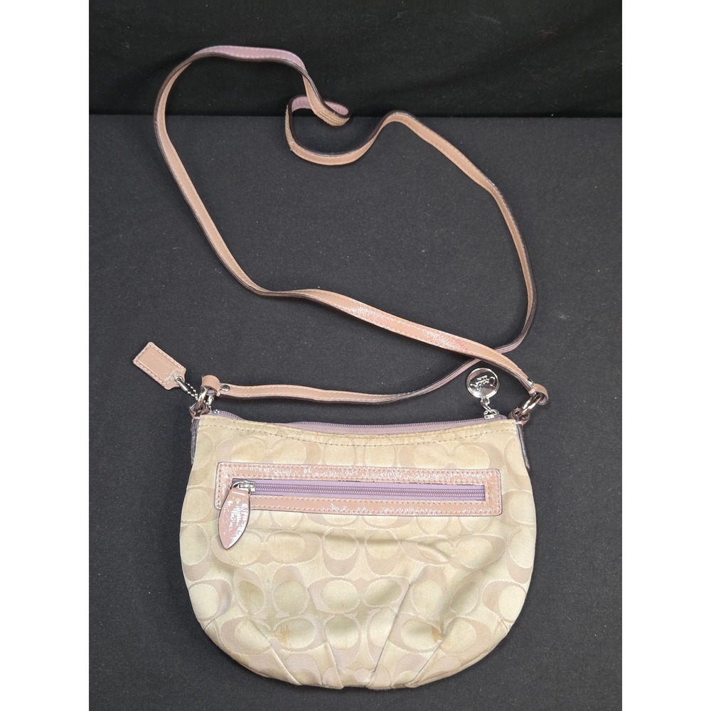 Coach Signature C Jacquard Crossbody Bag Khaki Pink Patent Trim Small Purse